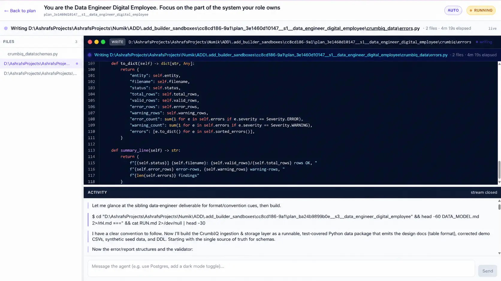 Numik Builder Studio digital employee writing and testing code in a live coding workspace