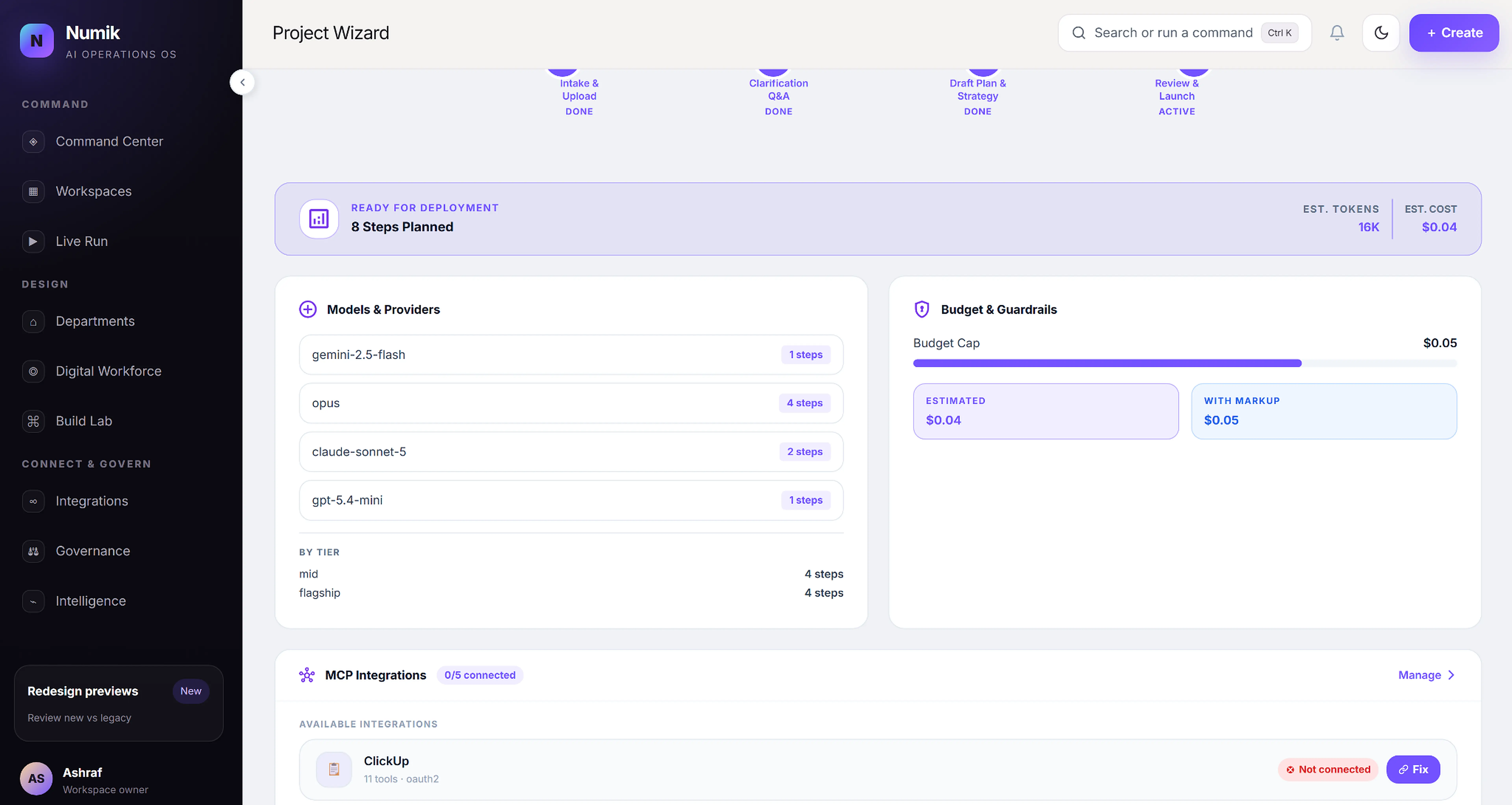 Numik budget and guardrails controls showing model providers, budget caps, and cost estimates