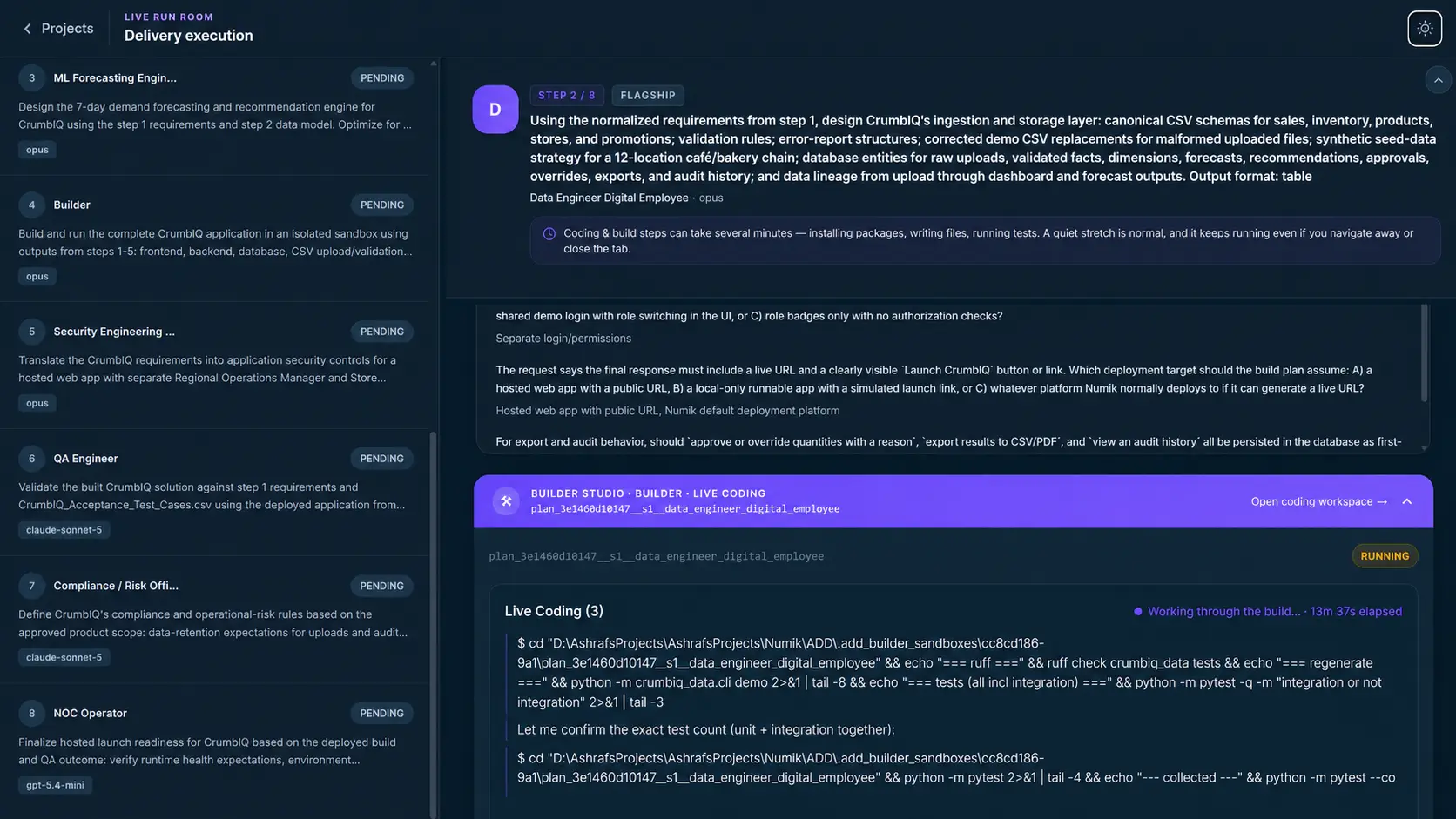 Numik Live Run Room executing an eight-step delivery plan across multiple digital employees