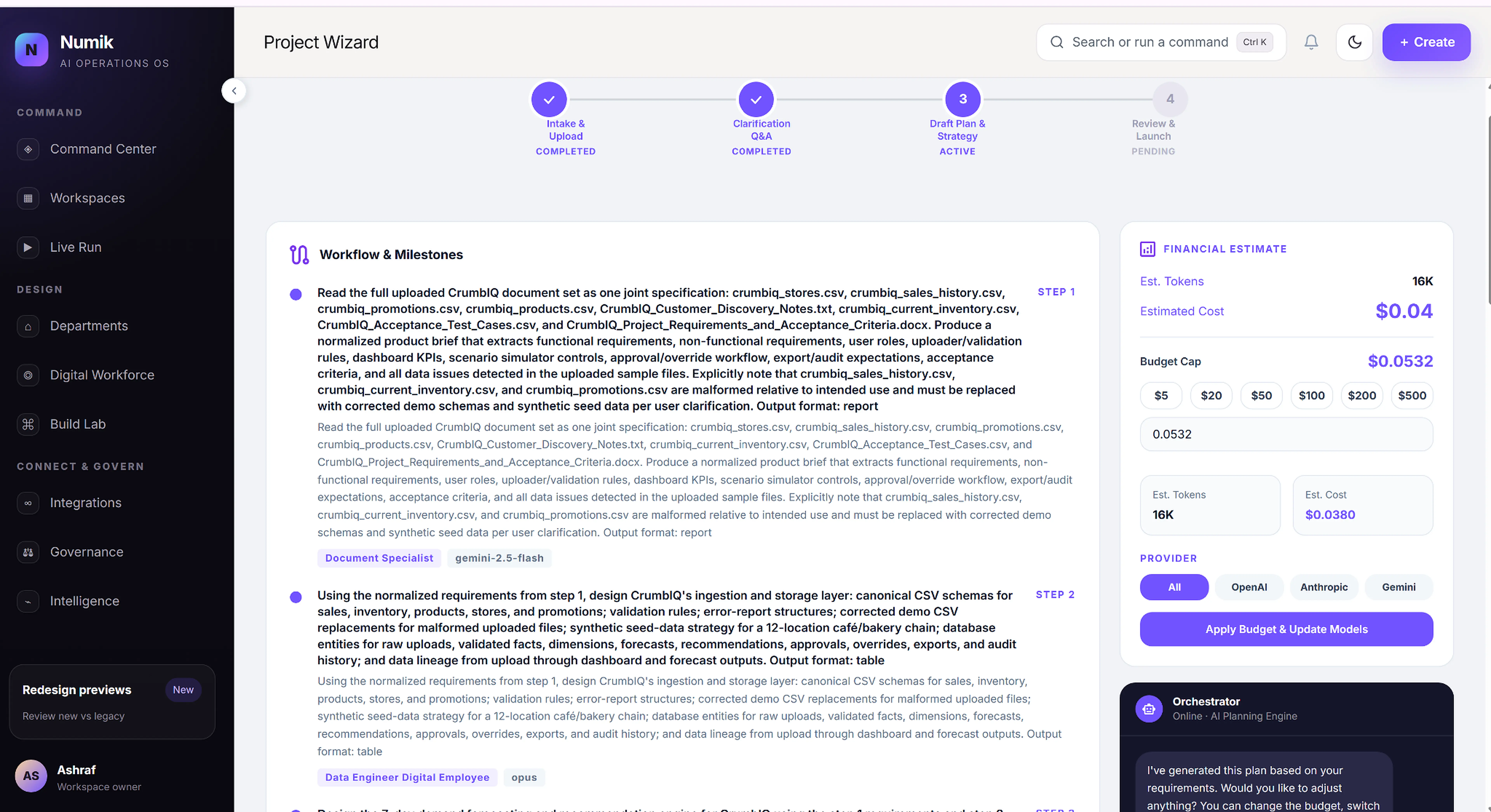 Numik Project Wizard plan view with financial estimate, token budget, and cost breakdown