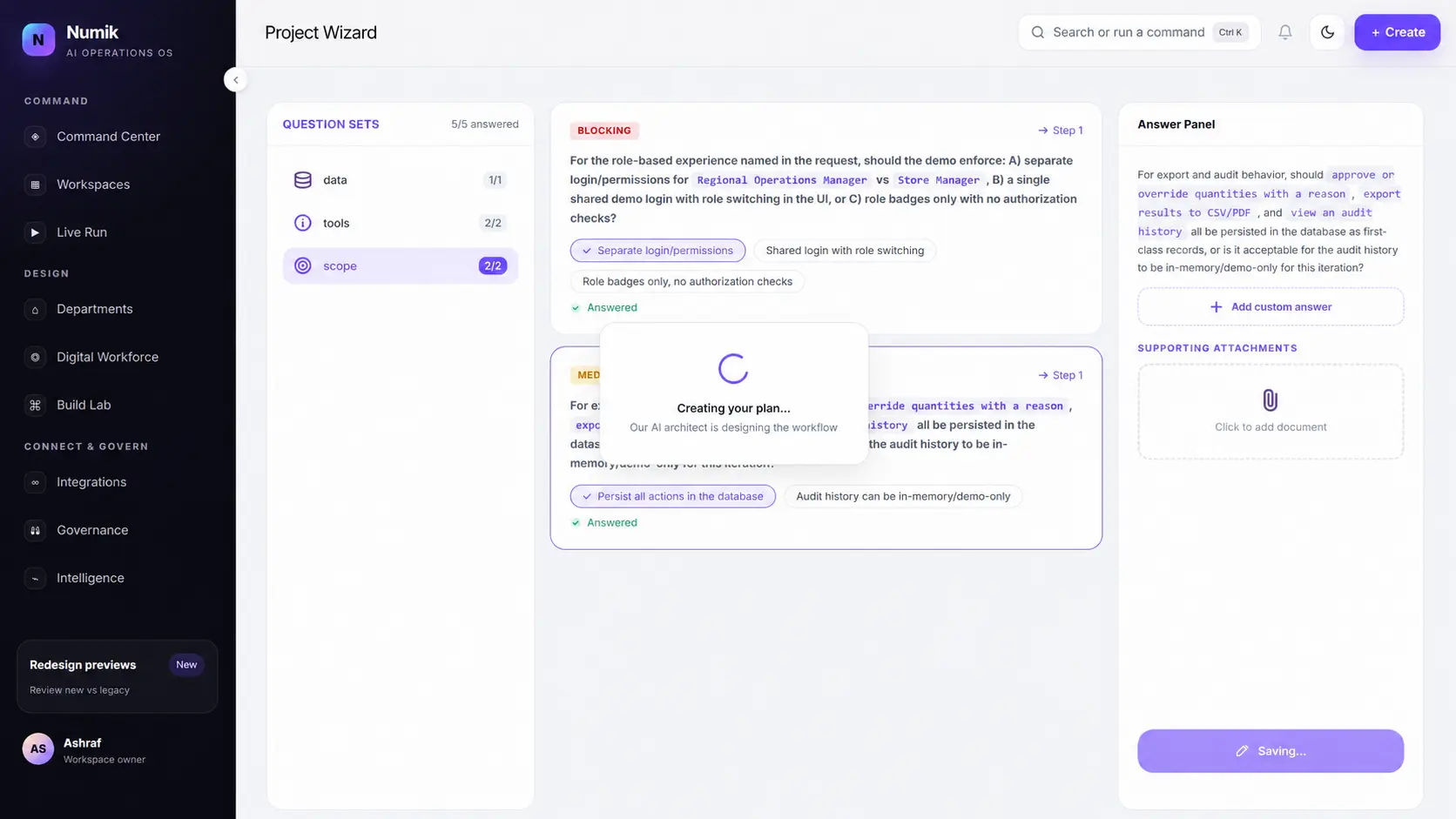 Numik Project Wizard clarification questions refining project scope before planning